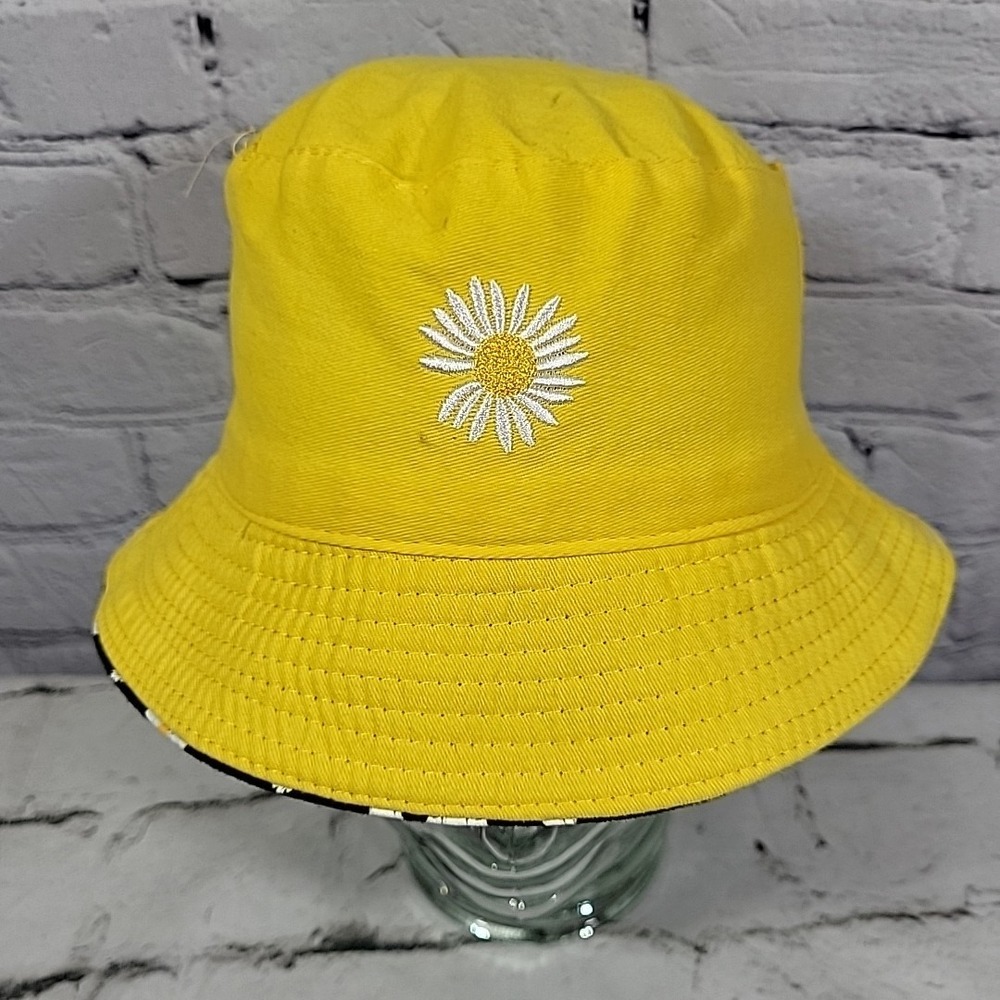 Retro Y2K Bucket Hat Womens OS Black Yellow Reversible Daisy‎ Print Sun Cap - Picture 5 of 11